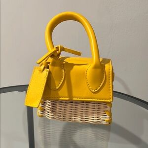 Yellow Woven / Wicker Handbag with crossbody strap
